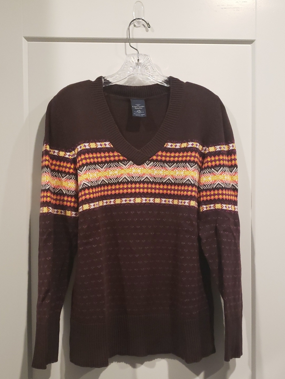 Faded Glory Womens Brown V-Neck Fair Isle Sweater